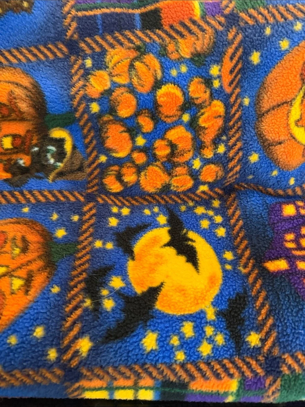 Halloween Patchwork Fleece Throw Blanket - Orange & Blue Pumpkin Motif